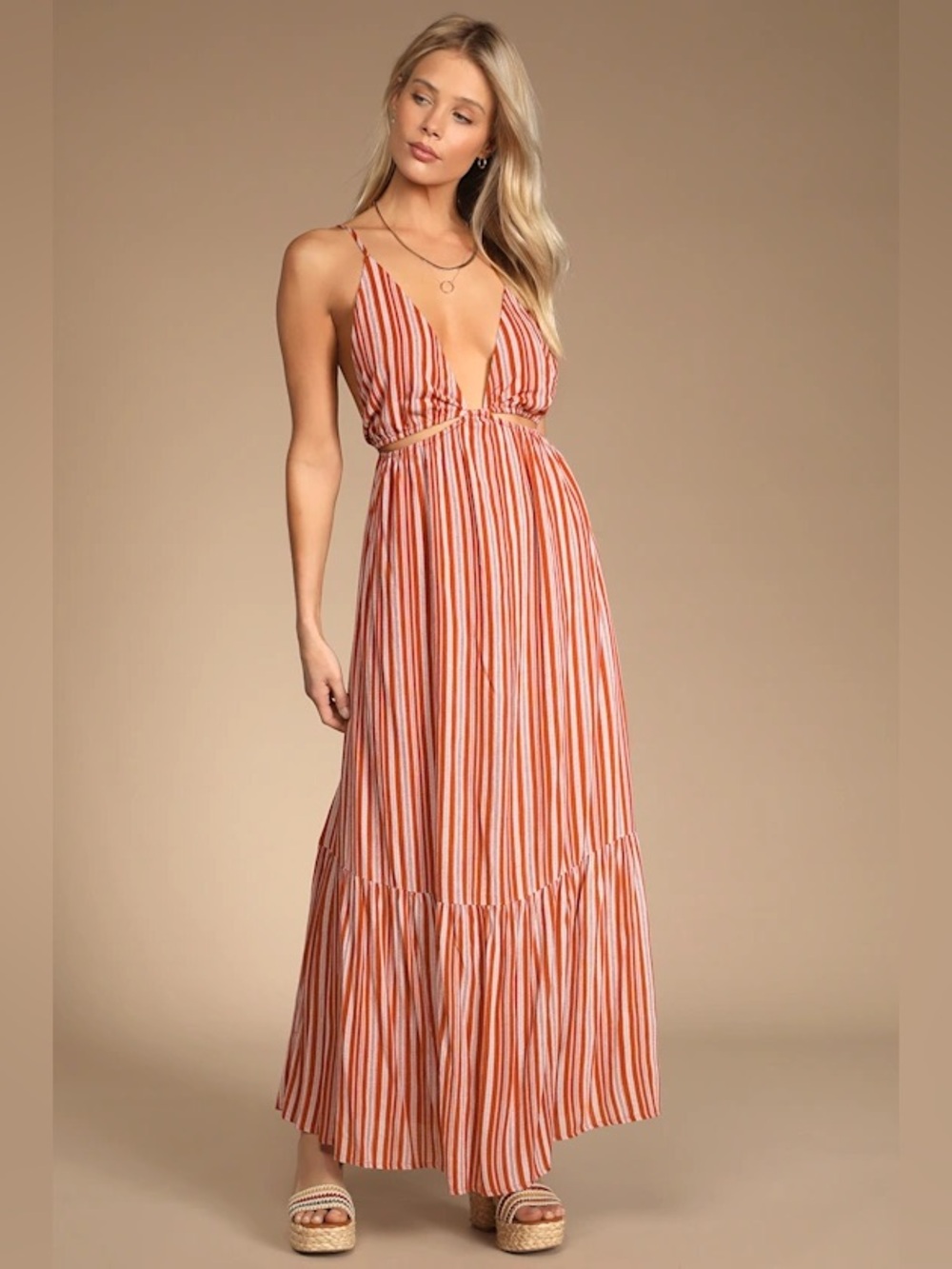 Beautifully Breathtaking Rust Striped Cutout Maxi Dress by Lulus Women’s Size S